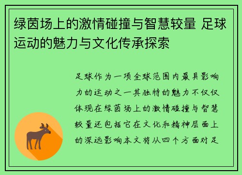 绿茵场上的激情碰撞与智慧较量 足球运动的魅力与文化传承探索